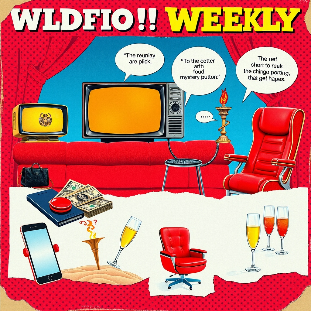 Pop-art collage of a retro TV on a pink couch surrounded by a scarab amulet, a red mystery button, play money, a buzzing phone, a tiki torch, a red swivel chair and champagne glasses in red, pink and yellow.