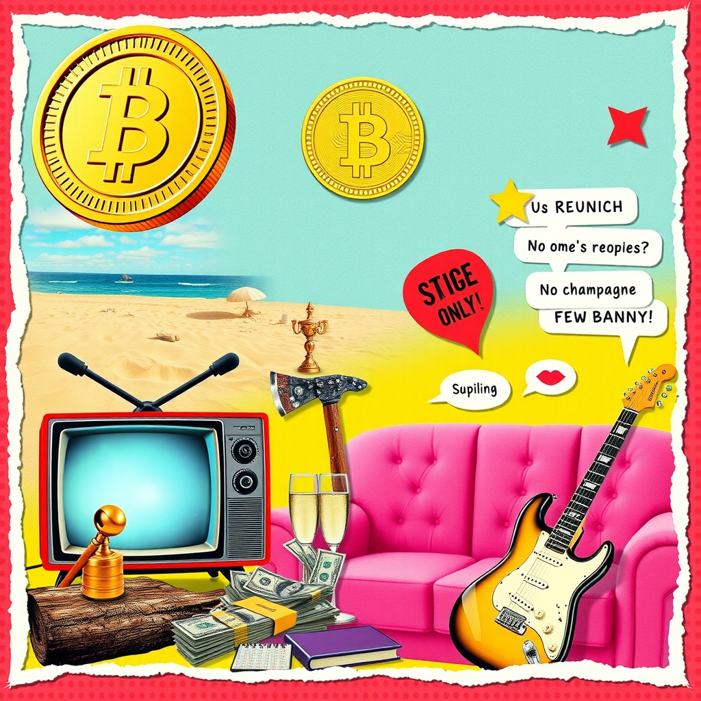 Pop-art collage of a gold coin spinning over a beach with a tiki torch and axe, a retro TV on a pink couch, a trophy, play money, a gavel, a guitar, a buzzing phone and champagne glasses in red, pink and yellow.